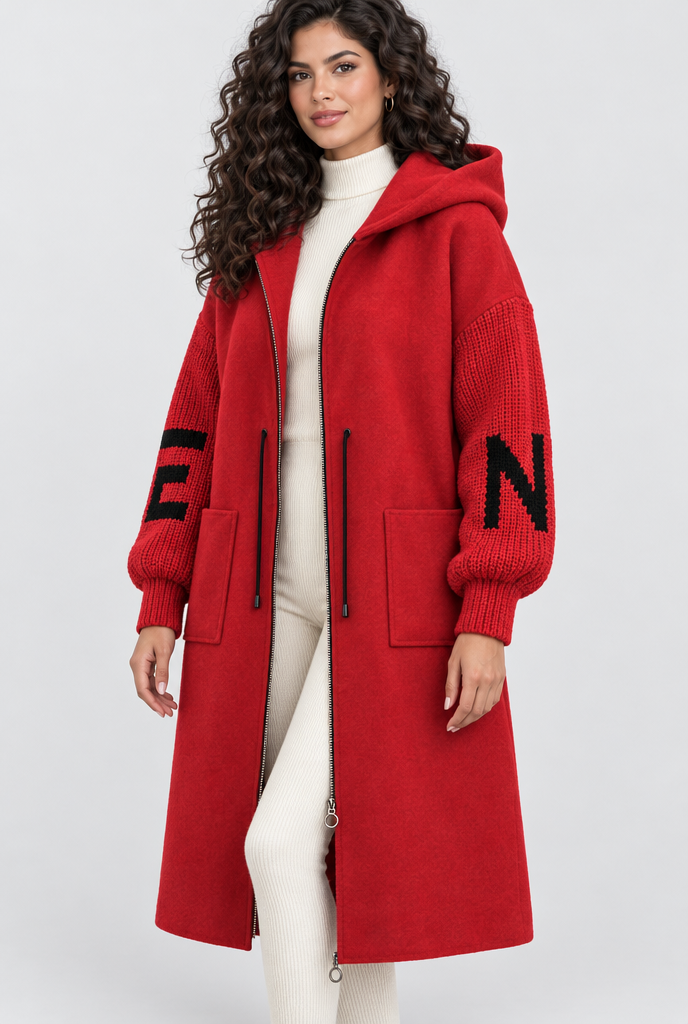 Manteau long zippé à capuche, manches en grosse maille — Rouge — photo studio