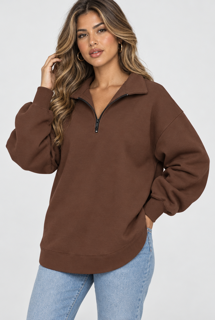 Sweat oversize à col demi-zip — Chocolat — photo studio