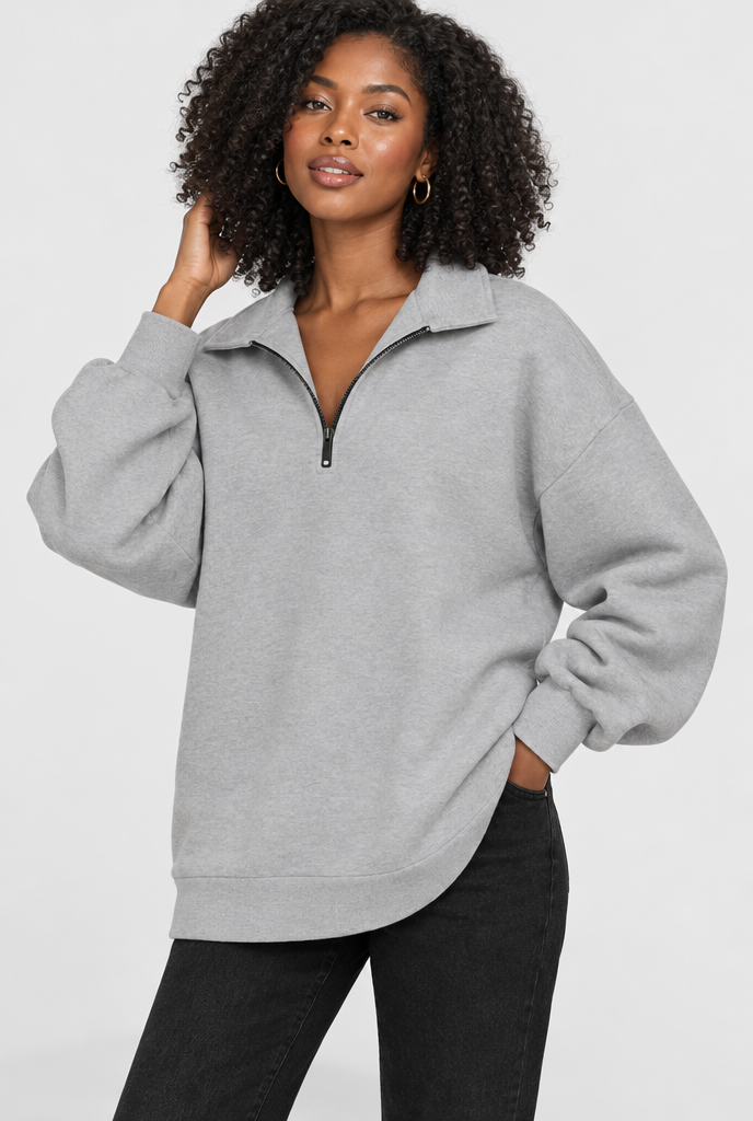 Sweat oversize à col demi-zip — Gris chiné clair — photo studio