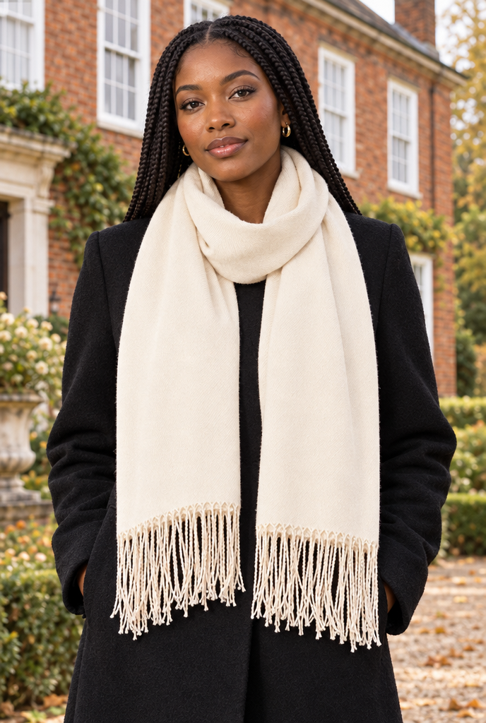 Étole façon pashmina à franges — Crème — en situation