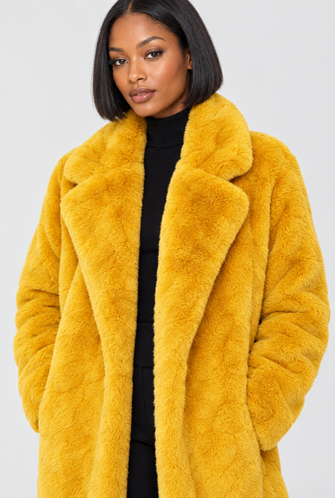 Manteau oversize en fausse fourrure à revers crantés — Moutarde — détail du col