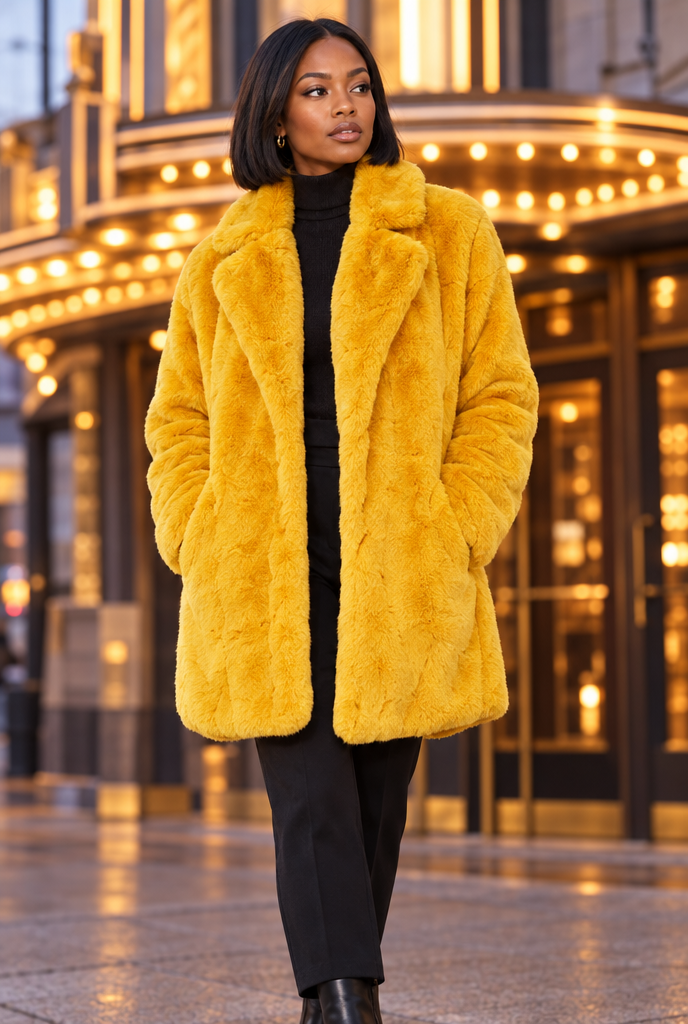 Manteau oversize en fausse fourrure à revers crantés — Moutarde — en situation