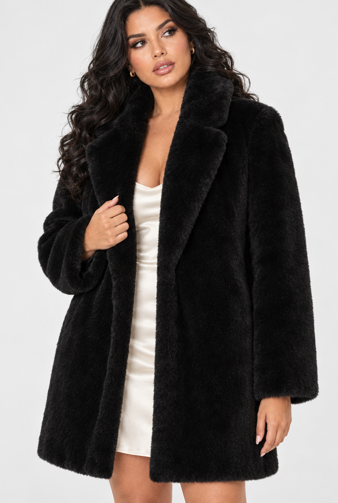 Manteau oversize en fausse fourrure à revers crantés — Noir — photo studio