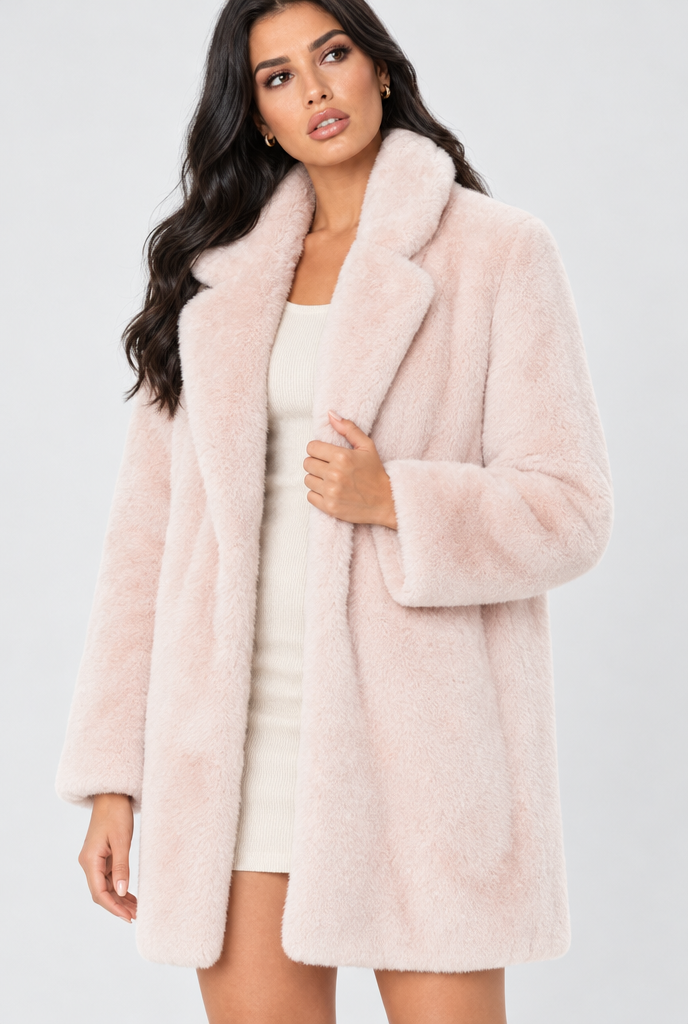 Manteau oversize en fausse fourrure à revers crantés — Rose blush — photo studio
