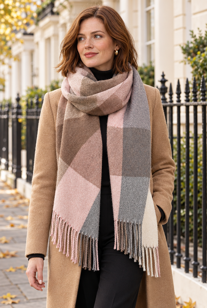 Écharpe plaid à carreaux color block et franges — Rose moka — en situation