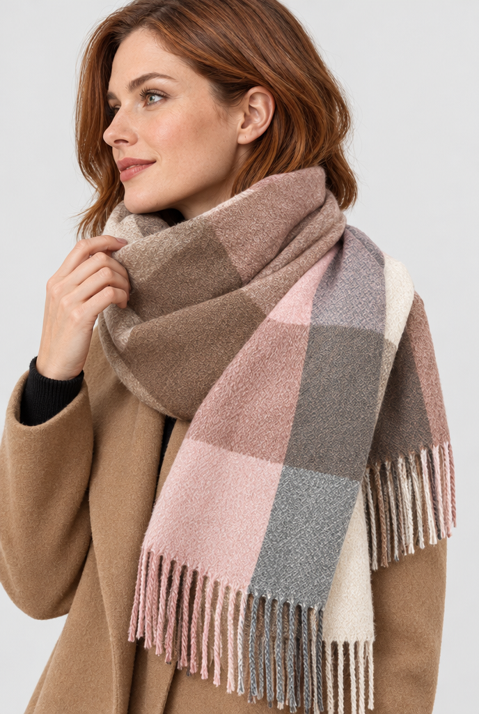 Écharpe plaid à carreaux color block et franges — Rose moka — autre angle