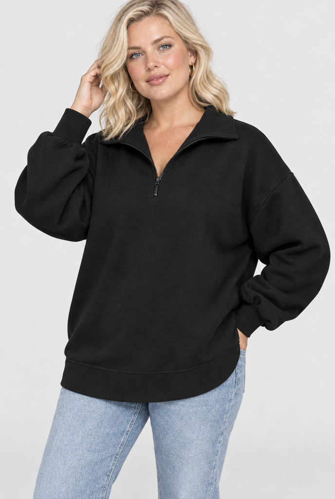 Sweat oversize à col demi-zip — Noir — photo studio