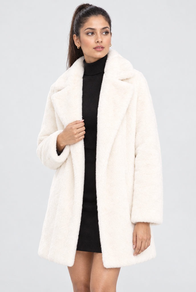 Manteau oversize en fausse fourrure à revers crantés — Ivoire — photo studio