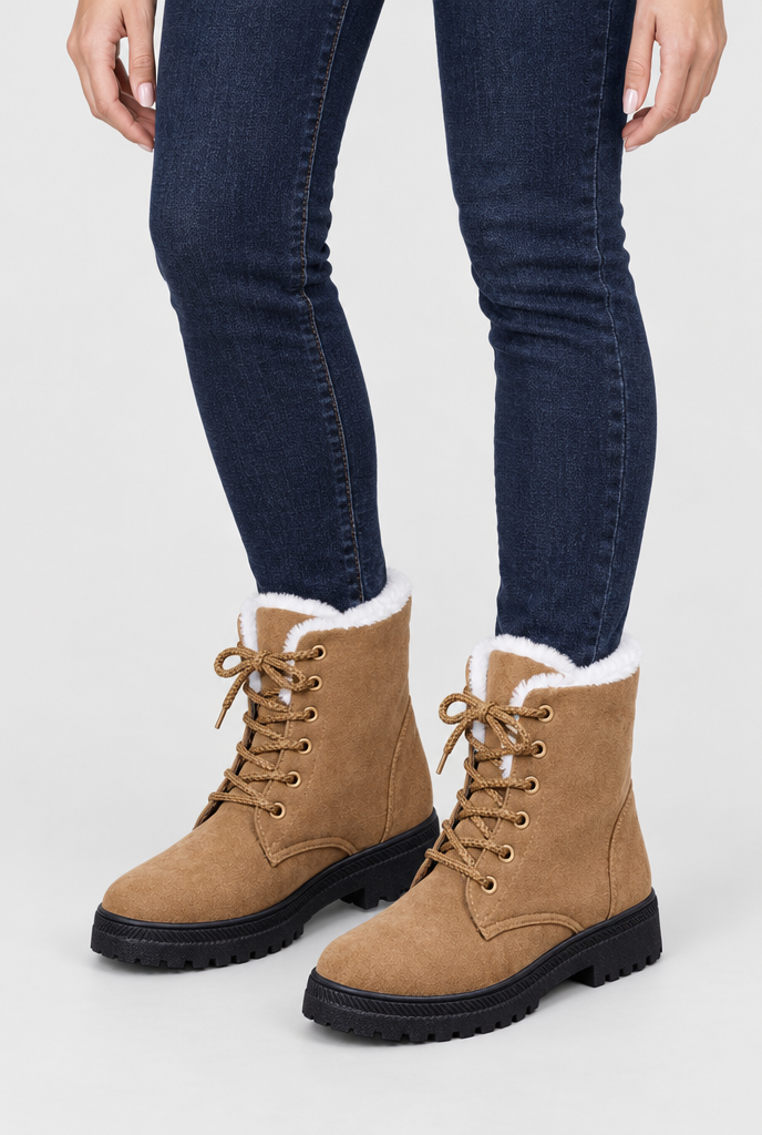 Bottes de neige à lacets en suédine doublées peluche — Camel — photo principale