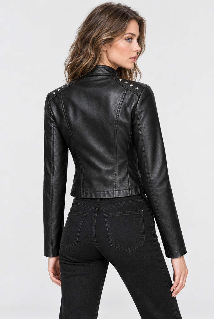 Blouson motard clouté col montant en simili cuir — Noir — vue de dos