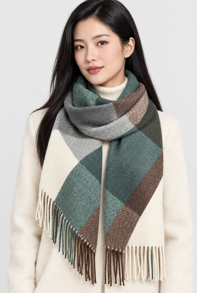 Écharpe plaid à carreaux color block et franges — Canard moka — photo principale