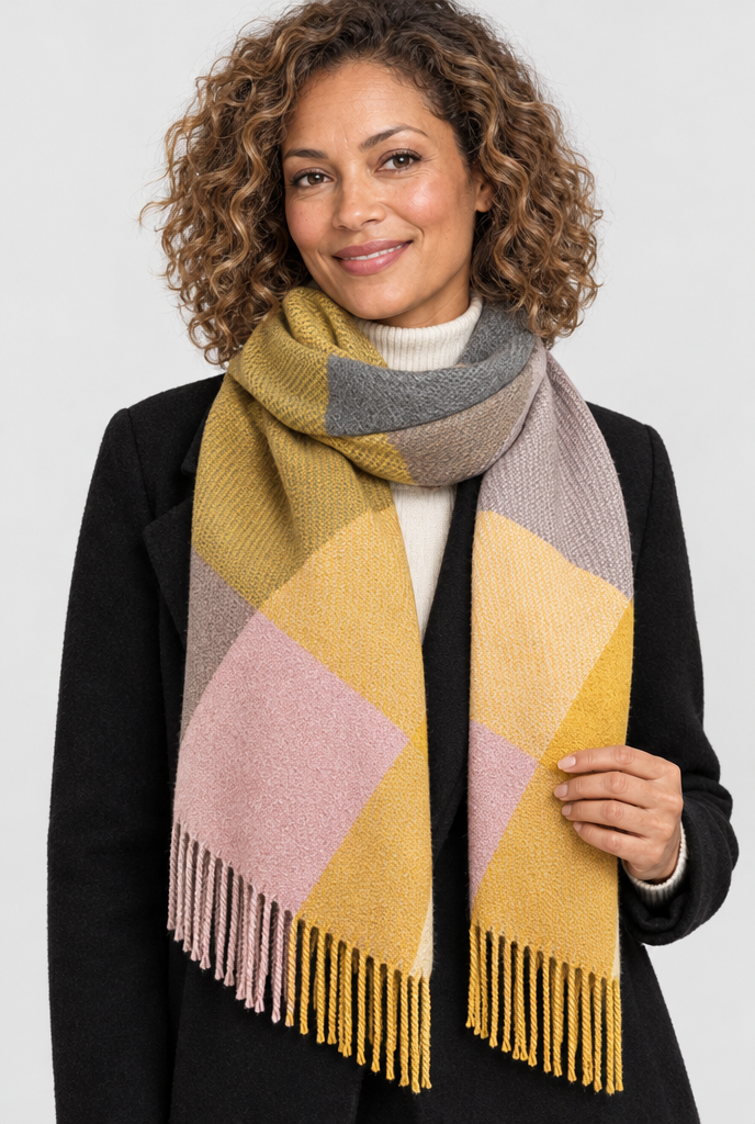 Écharpe plaid à carreaux color block et franges — Gris moutarde — photo principale