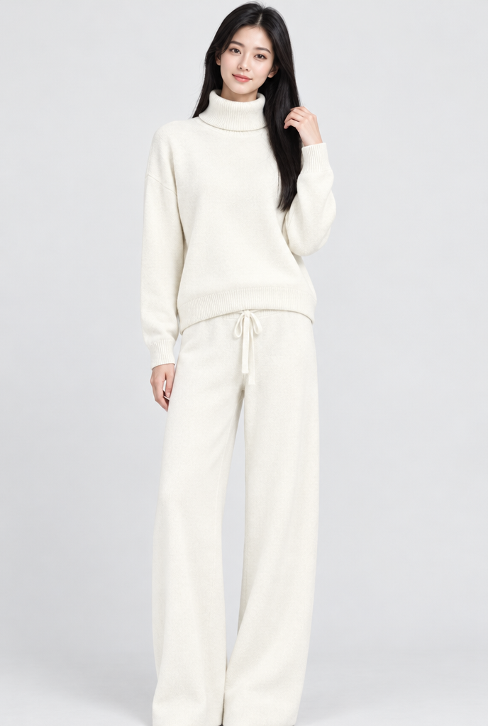 Ensemble pull col roulé et pantalon large en maille — Ivoire — photo studio
