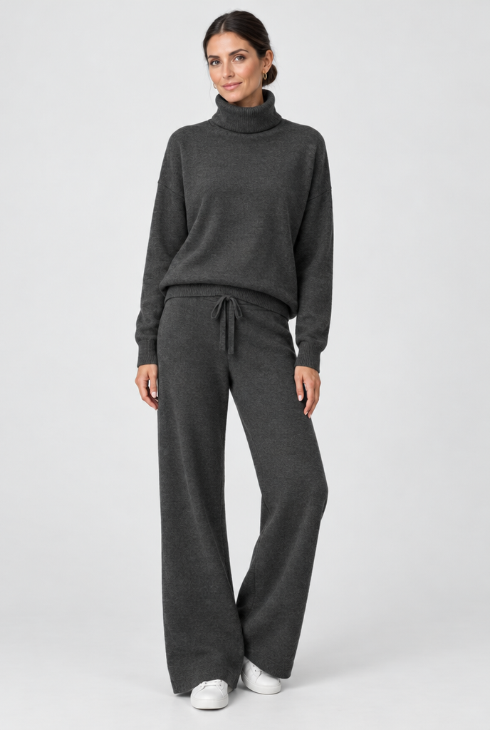Ensemble pull col roulé et pantalon large en maille — Anthracite — silhouette complète