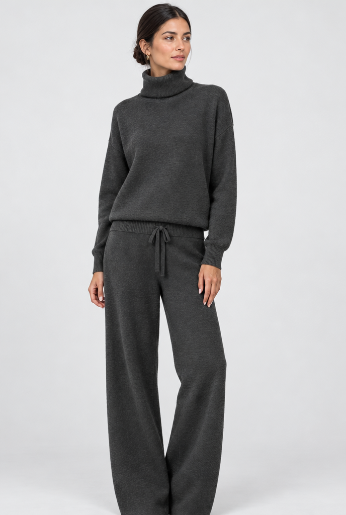Ensemble pull col roulé et pantalon large en maille — Anthracite — photo studio