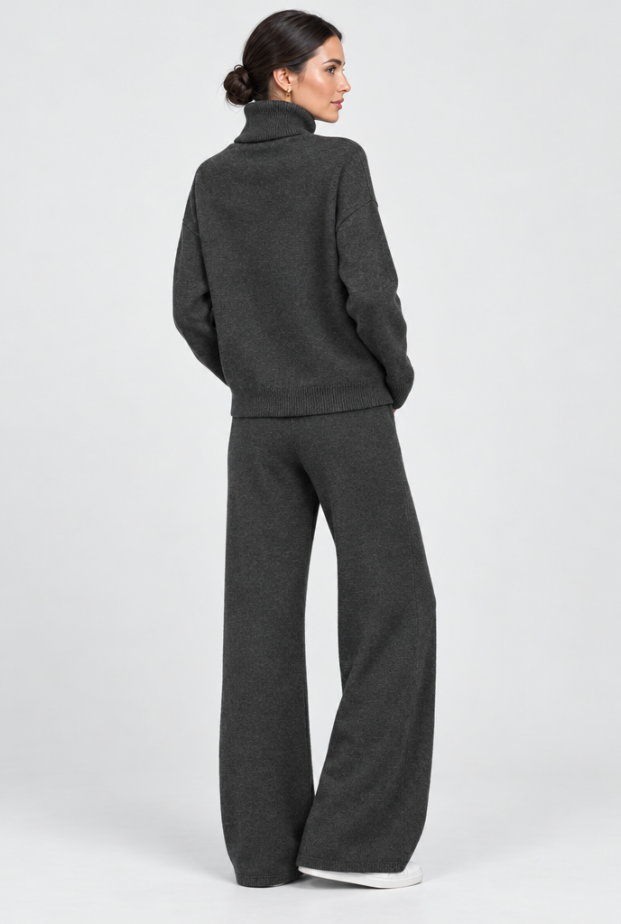 Ensemble pull col roulé et pantalon large en maille — Anthracite — vue de dos
