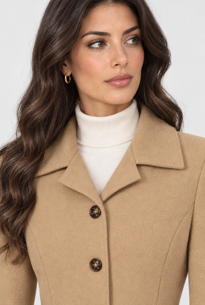 Manteau droit effet laine à patte de taille — Camel — détail du col