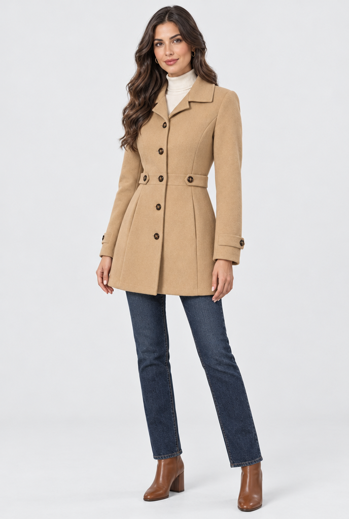 Manteau droit effet laine à patte de taille — Camel — silhouette complète