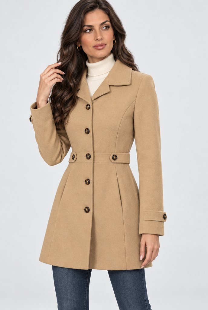 Manteau droit effet laine à patte de taille — Camel — photo principale
