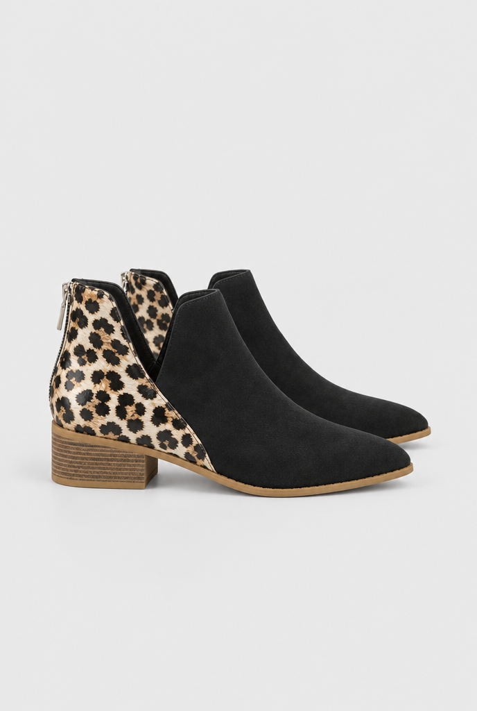 Bottines bout pointu à talon bloc et empiècement léopard — Noir — packshot