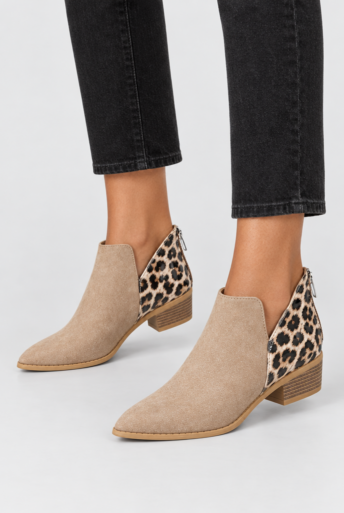 Bottines bout pointu à talon bloc et empiècement léopard — Taupe