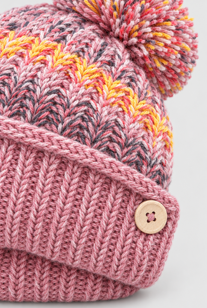 Ensemble bonnet à pompon, tour de cou et cache-visage — Rose ancien — gros plan matière