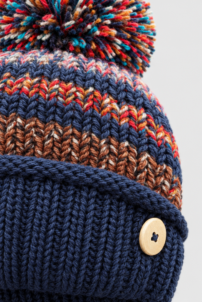 Ensemble bonnet à pompon, tour de cou et cache-visage — Marine — gros plan matière