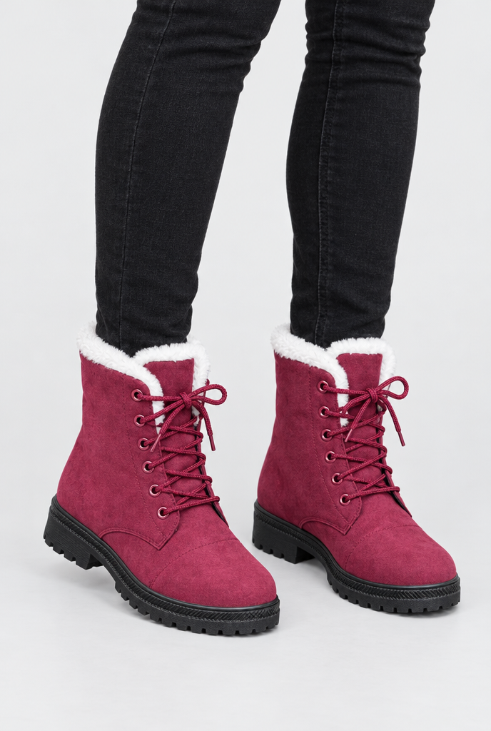 Bottes de neige à lacets en suédine doublées peluche — Bordeaux — photo principale