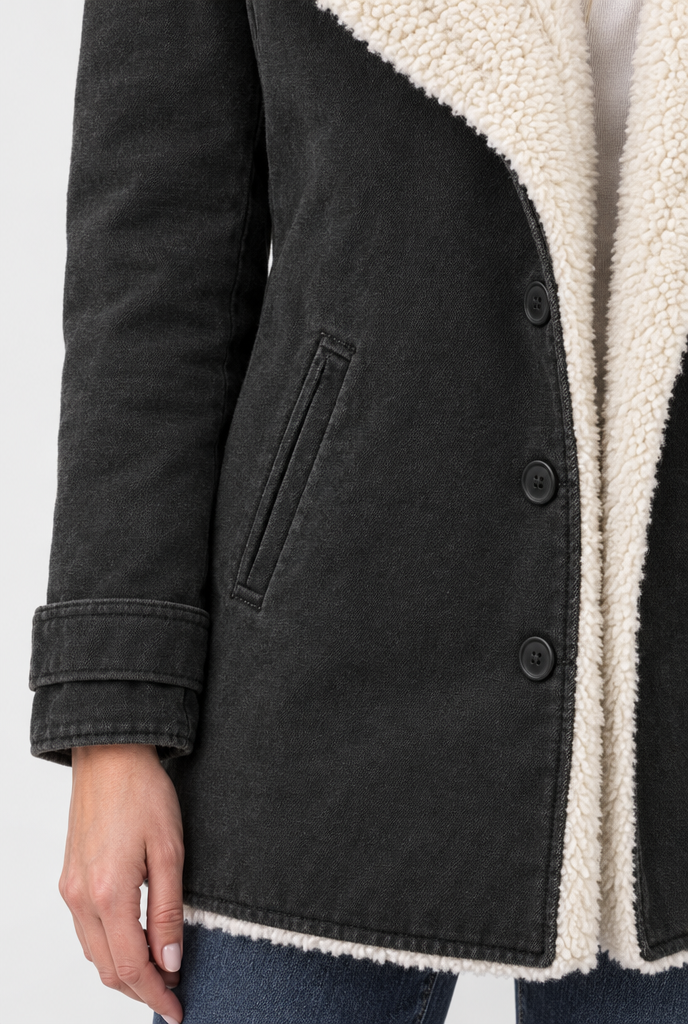 Veste boutonnée doublée sherpa à grand col — Noir — détail