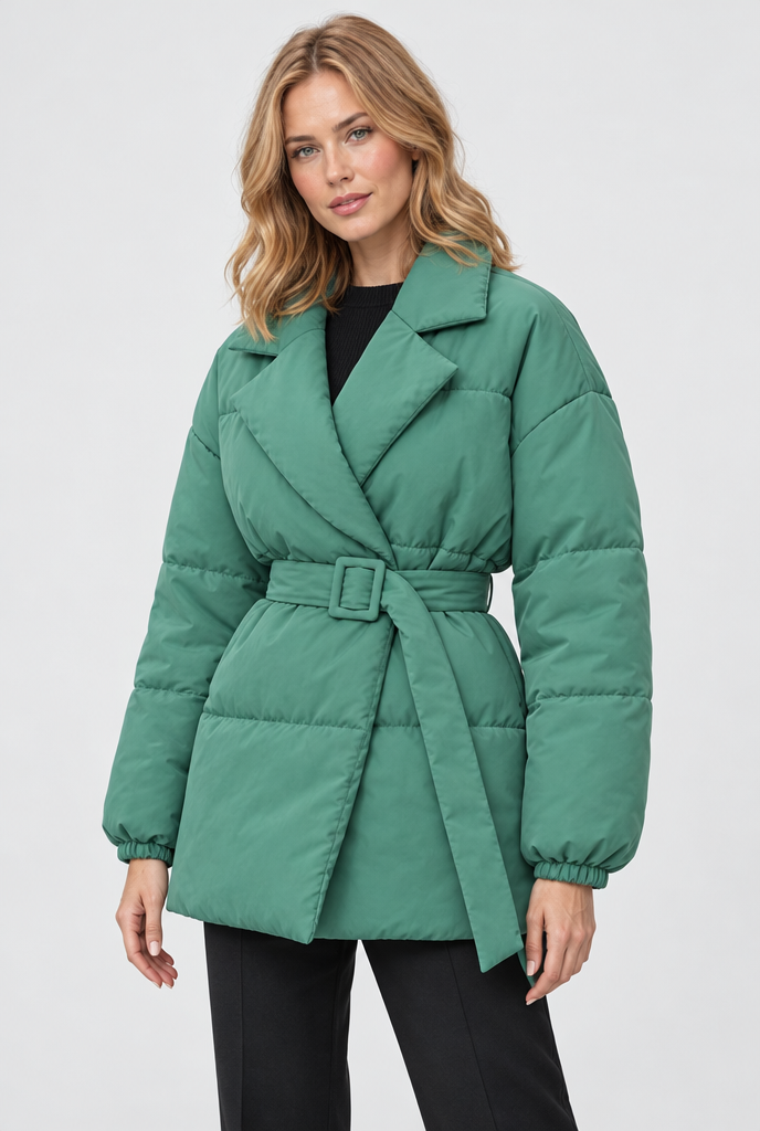 Doudoune ceinturée à col tailleur — Vert jade — photo studio