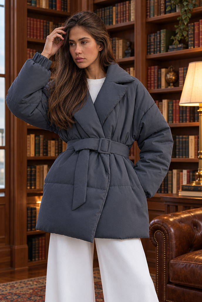 Doudoune ceinturée à col tailleur — Gris ardoise — en situation