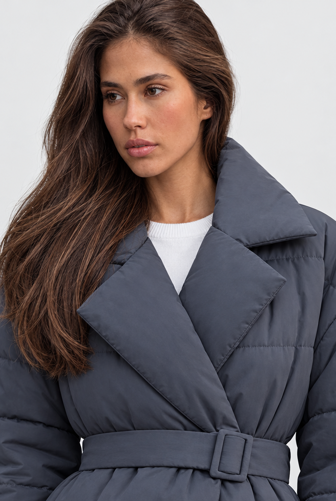 Doudoune ceinturée à col tailleur — Gris ardoise — détail du revers