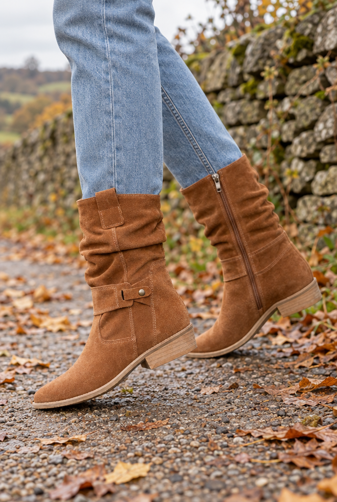 Bottes western mi-mollet souples à boucle — Cognac — en situation