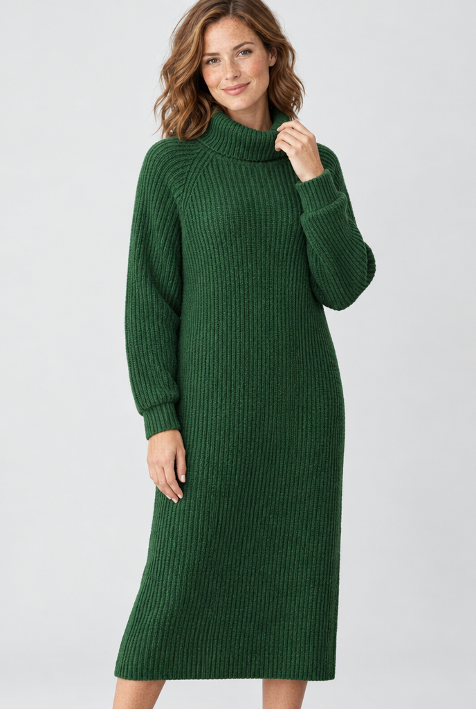 Robe pull longue col roulé en maille côtelée — Vert forêt — studio