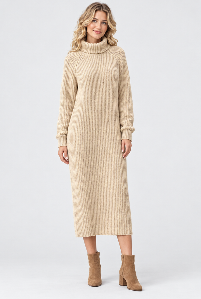 Robe pull longue col roulé en maille côtelée — Flocon d’avoine — silhouette complète