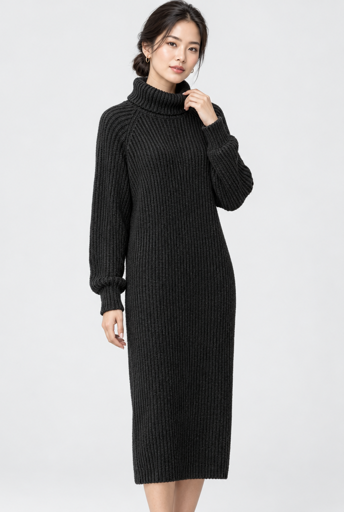 Robe pull longue col roulé en maille côtelée — Noir — studio