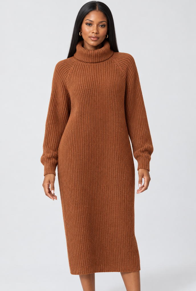Robe pull longue col roulé en maille côtelée — Caramel — studio
