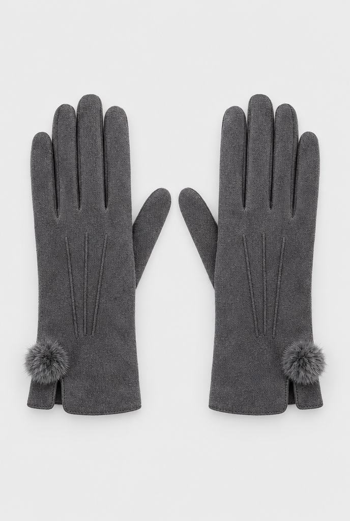 Gants d'hiver en suédine à pompon ou revers peluche — Anthracite pompon — packshot
