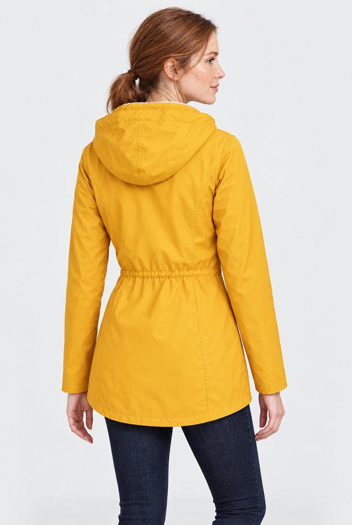 Veste de pluie à capuche doublée façon sherpa — Jaune tournesol — vue de dos