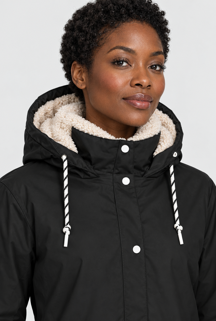 Veste de pluie à capuche doublée façon sherpa — Noir — détail du col