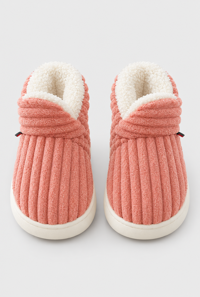 Coral Pink ribbed plush bootie slippers, packshot