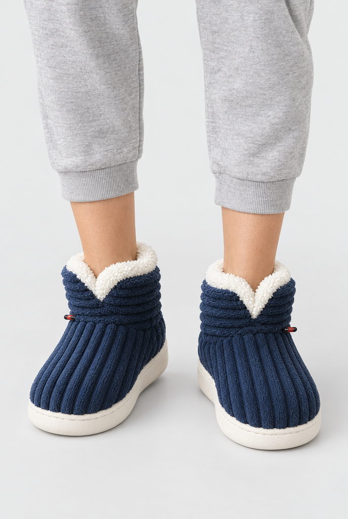 Navy ribbed plush bootie slippers, on-feet hero