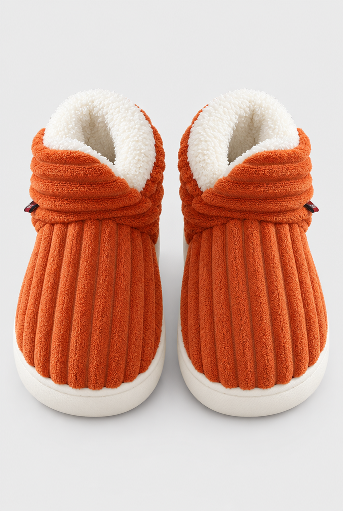Burnt Orange ribbed plush bootie slippers, packshot