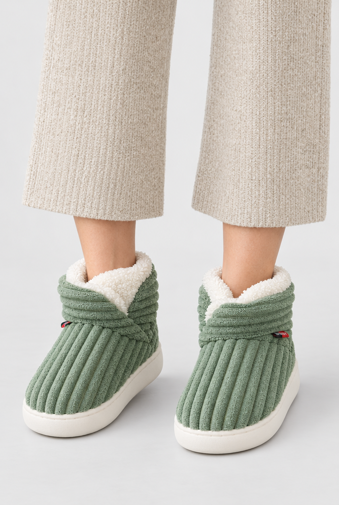 Sage ribbed plush bootie slippers, on-feet hero