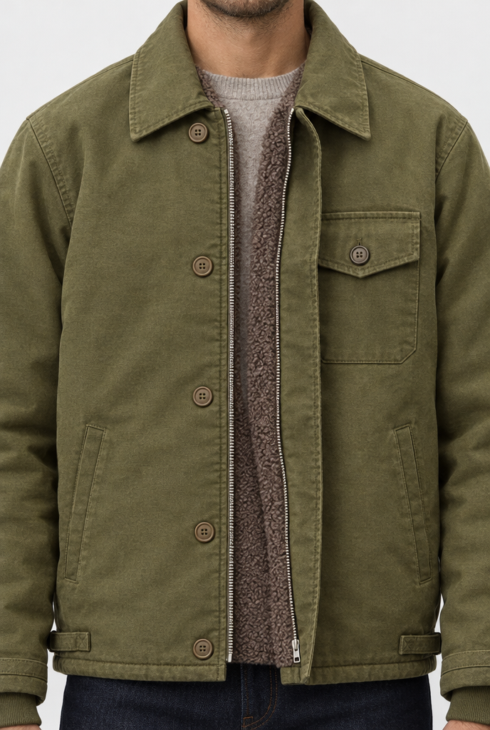 Veste de pont en coton doublée sherpa — Olive — détail