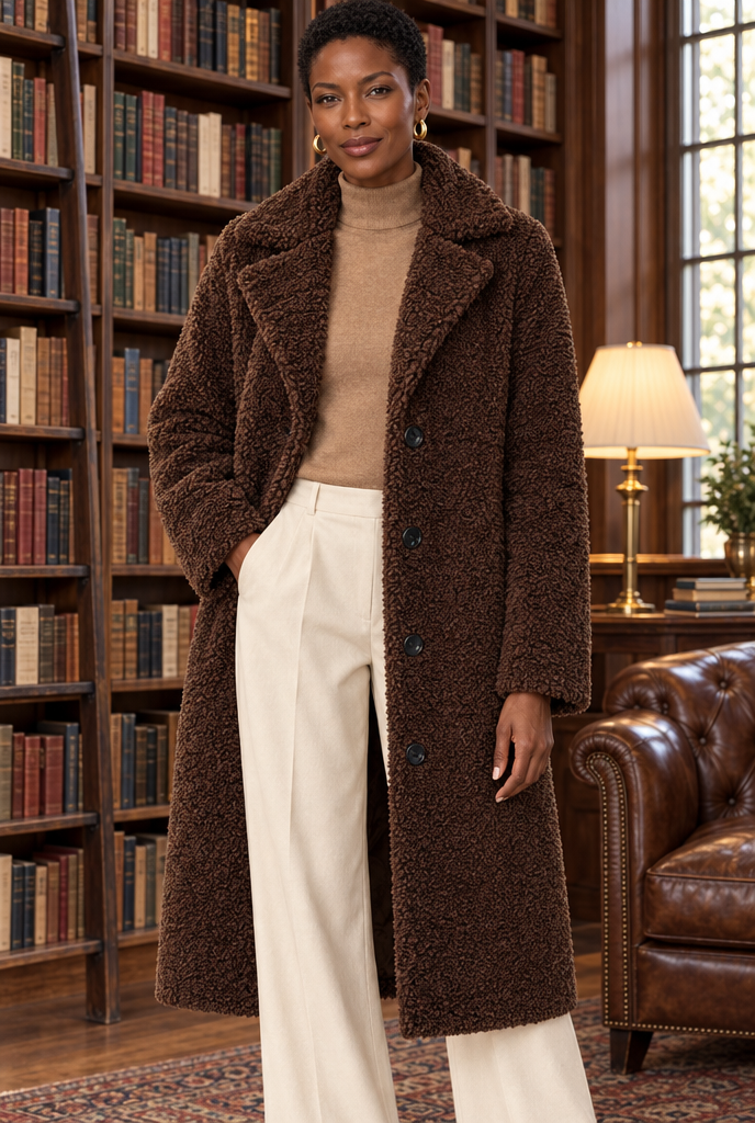 Chocolate long teddy coat, lifestyle