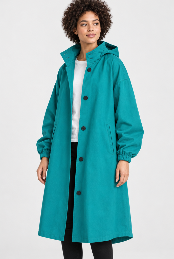 Manteau utilitaire oversize boutonné à capuche — Bleu canard — photo studio