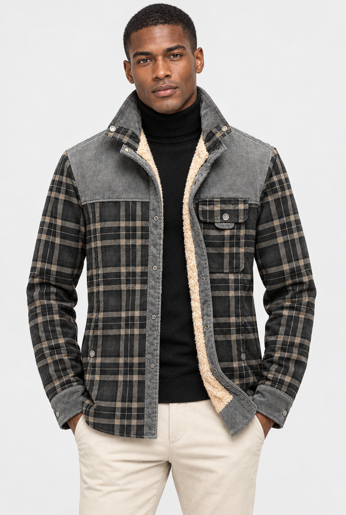 Surchemise à carreaux doublée sherpa en velours côtelé — Tartan gris — studio