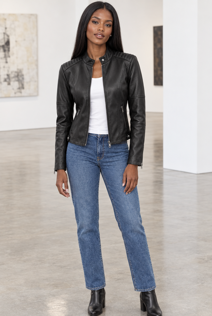 Blouson motard zippé col montant en simili cuir — Noir — en situation