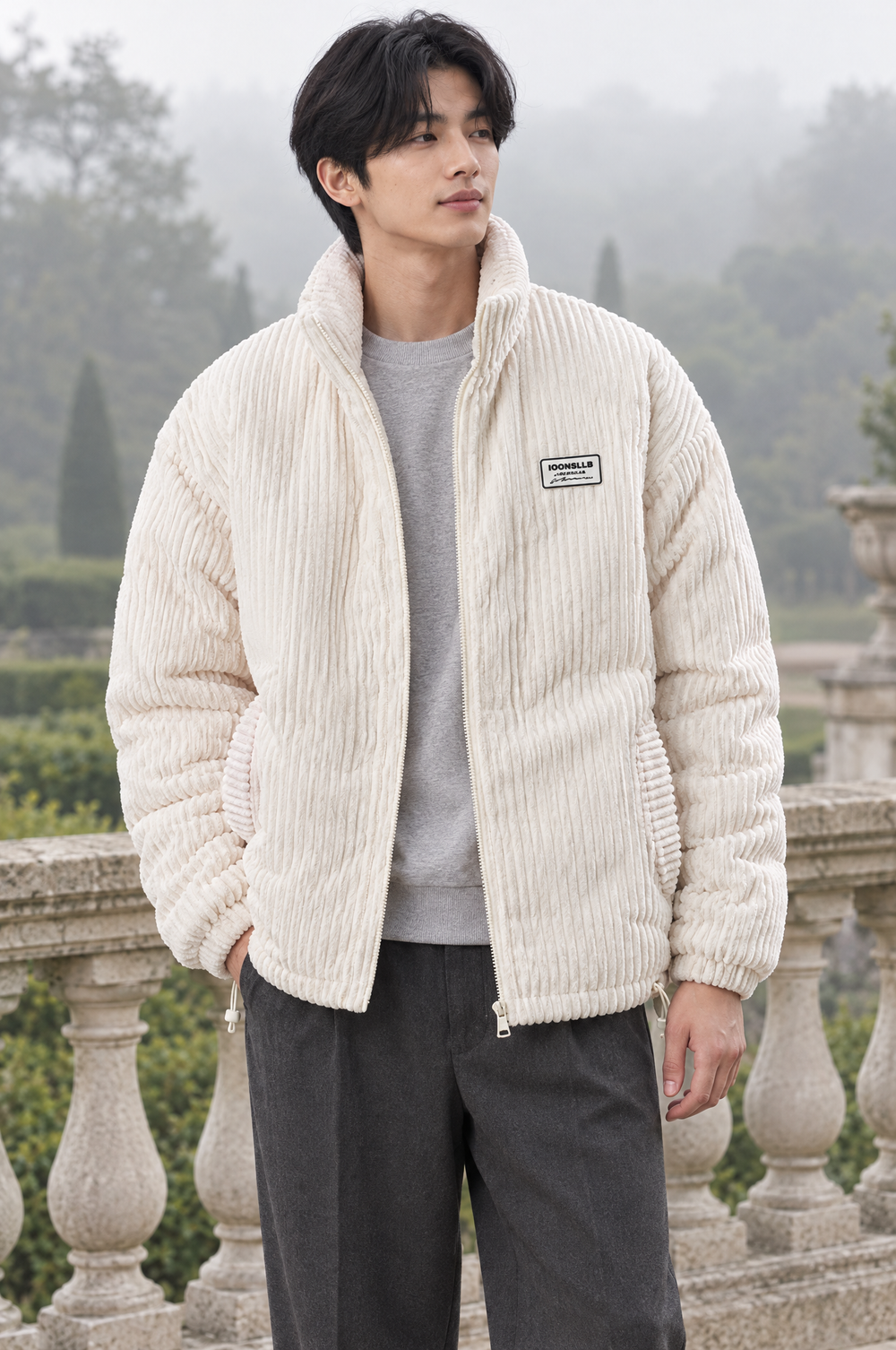 Veste rembourrée en velours côtelé, col montant — Crème — en situation